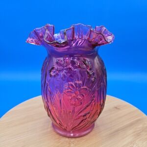 Fenton Cranberry Glass Daffodil Ruffled‎ Vase Vintage